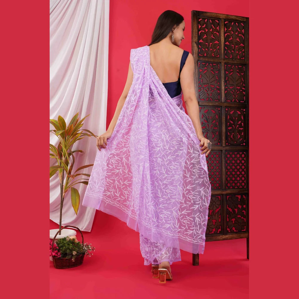 ZHome Lilac Lucknowi Chikankari Saree in Pure Handmade Georgette