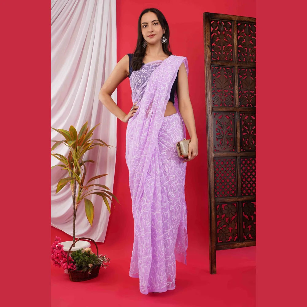 ZHome Lilac Lucknowi Chikankari Saree in Pure Handmade Georgette