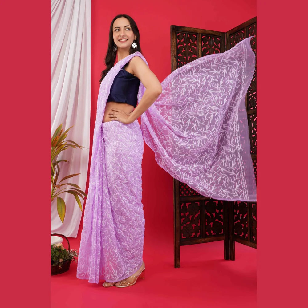 ZHome Lilac Lucknowi Chikankari Saree in Pure Handmade Georgette