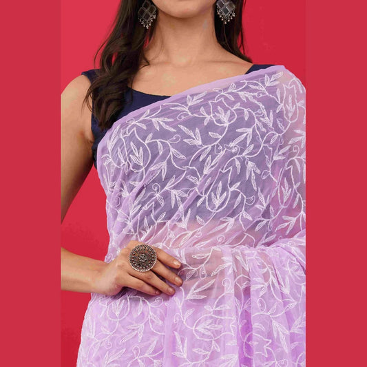 ZHome Lilac Lucknowi Chikankari Saree in Pure Handmade Georgette