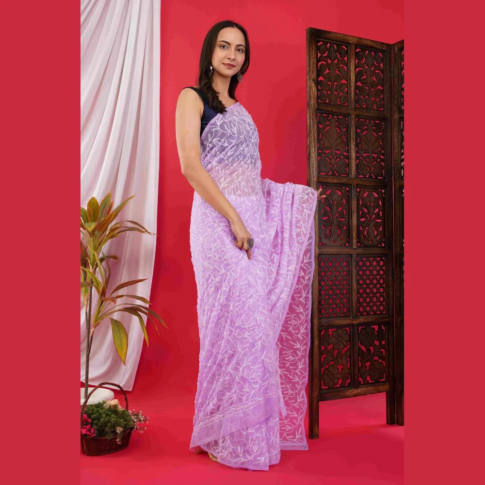 ZHome Lilac Lucknowi Chikankari Saree in Pure Handmade Georgette