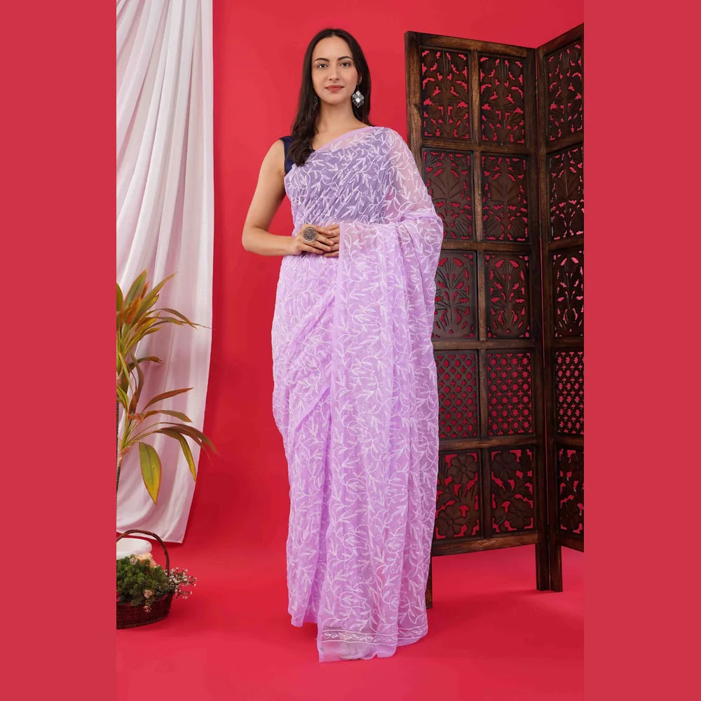 ZHome Lilac Lucknowi Chikankari Saree in Pure Handmade Georgette