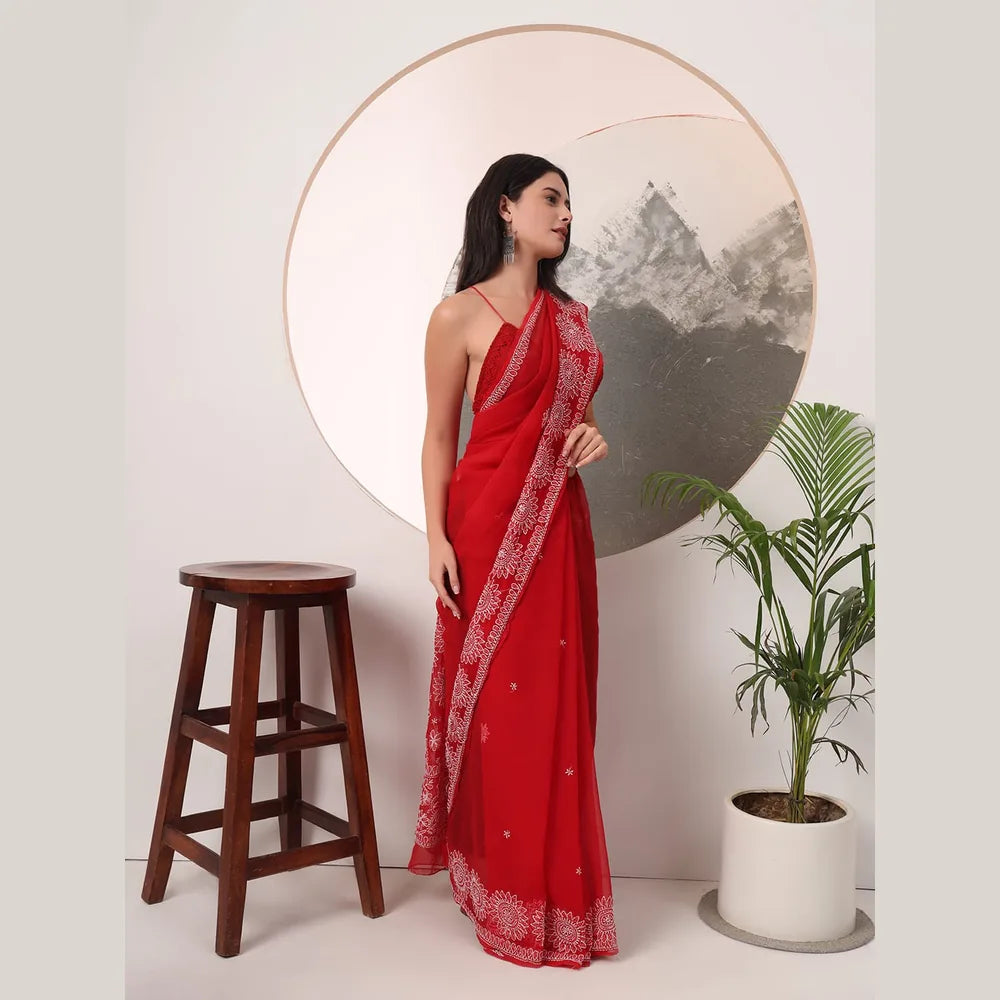 ZHome Lucknowi Hand Made Chikankari Georgette Saree – Bhakhiya Hand Embroidery