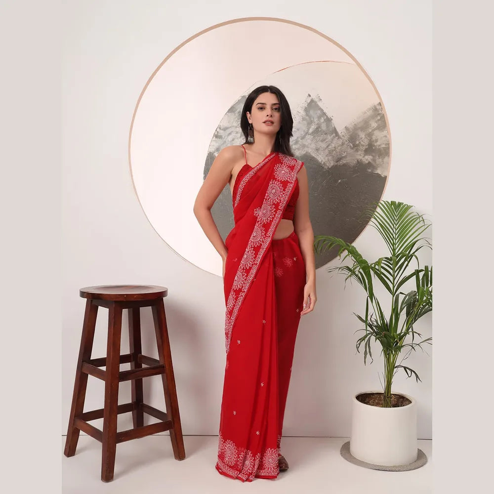 ZHome Lucknowi Hand Made Chikankari Georgette Saree – Bhakhiya Hand Embroidery