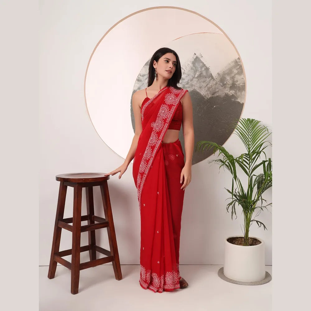 ZHome Lucknowi Hand Made Chikankari Georgette Saree – Bhakhiya Hand Embroidery