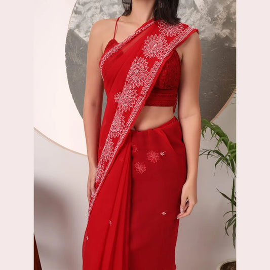 ZHome Lucknowi Hand Made Chikankari Georgette Saree – Bhakhiya Hand Embroidery
