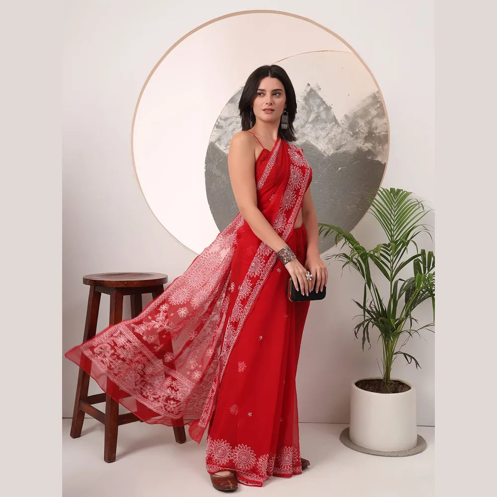 ZHome Lucknowi Hand Made Chikankari Georgette Saree – Bhakhiya Hand Embroidery