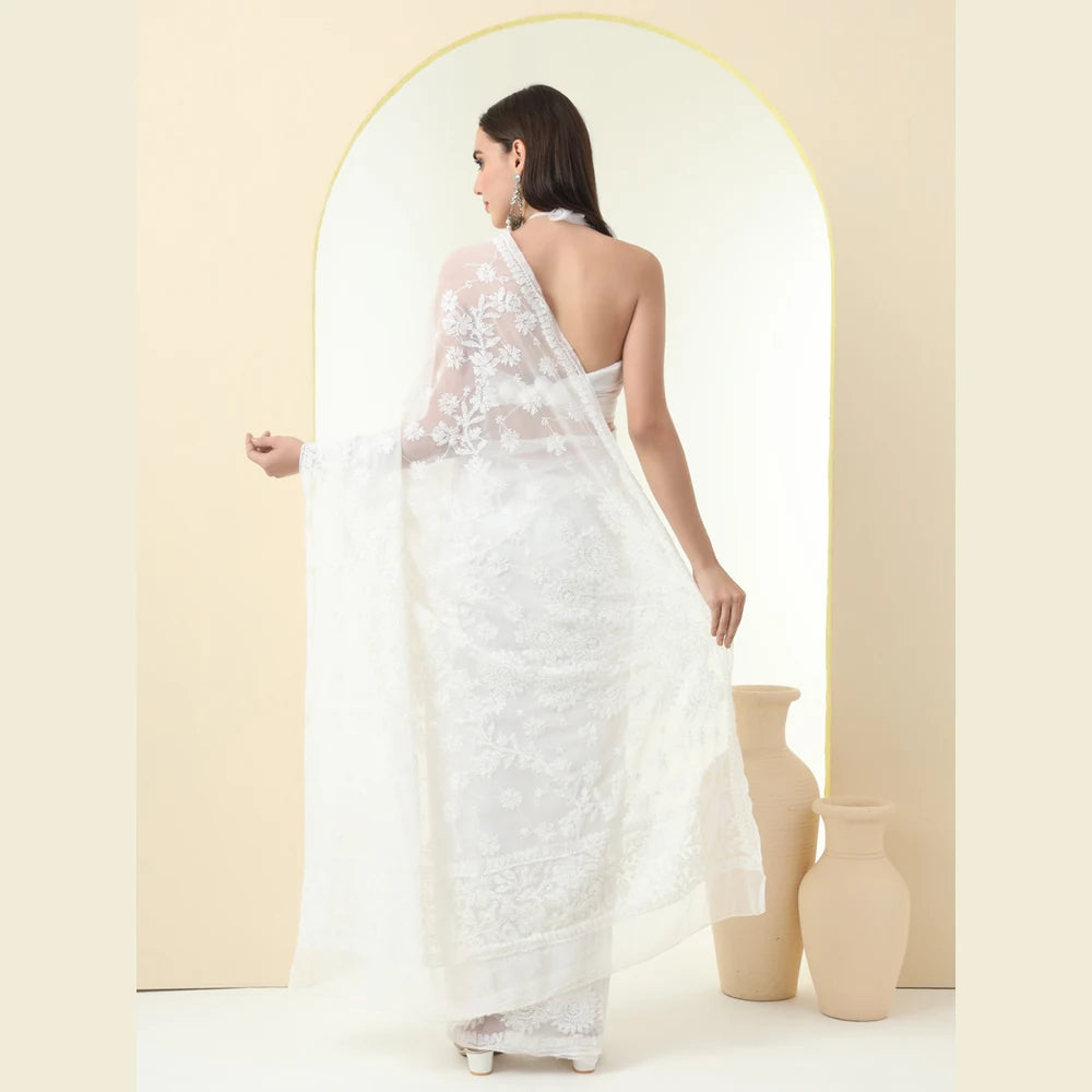 ZHome White Lucknowi Chikankari Hand Made Georgette Saree