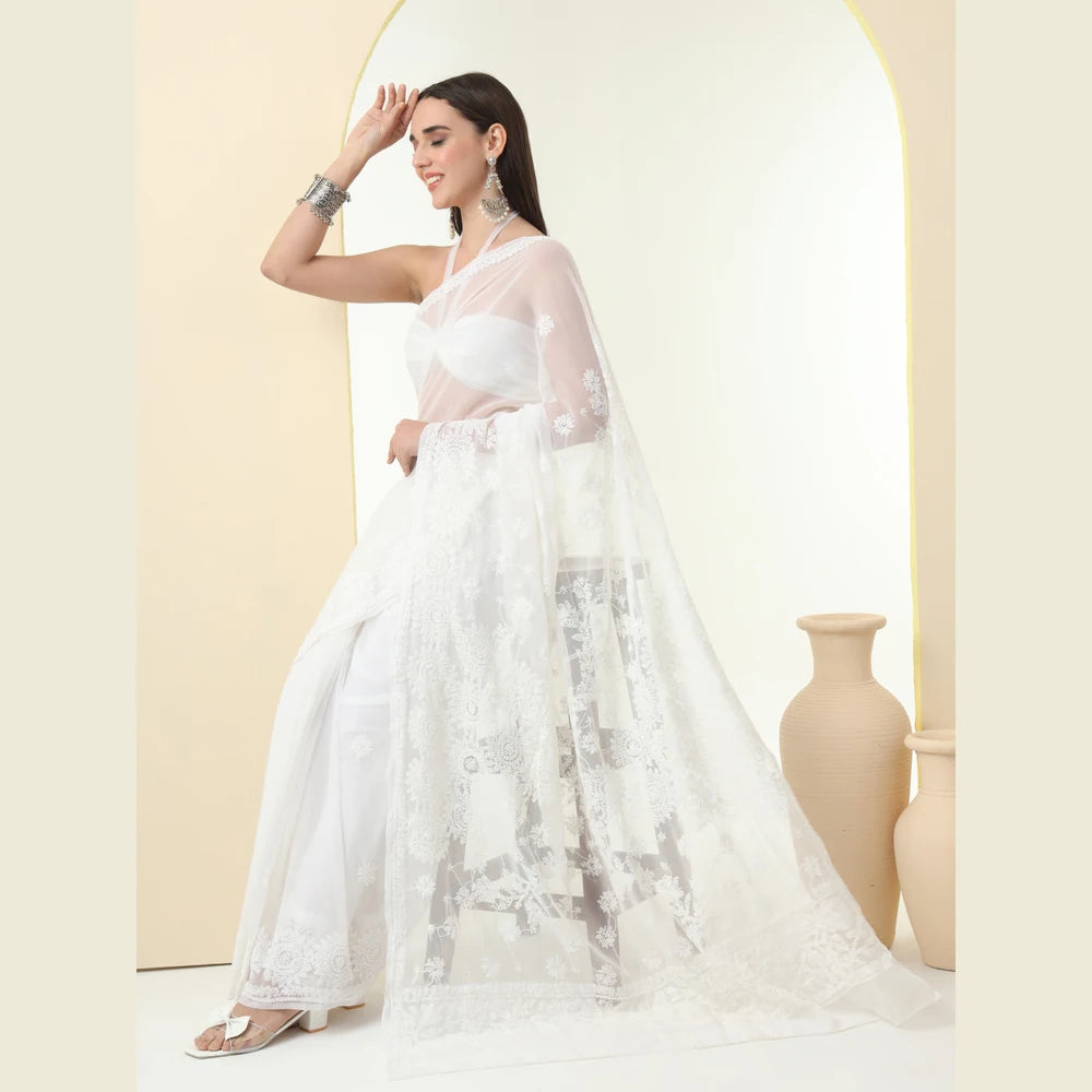 ZHome White Lucknowi Chikankari Hand Made Georgette Saree