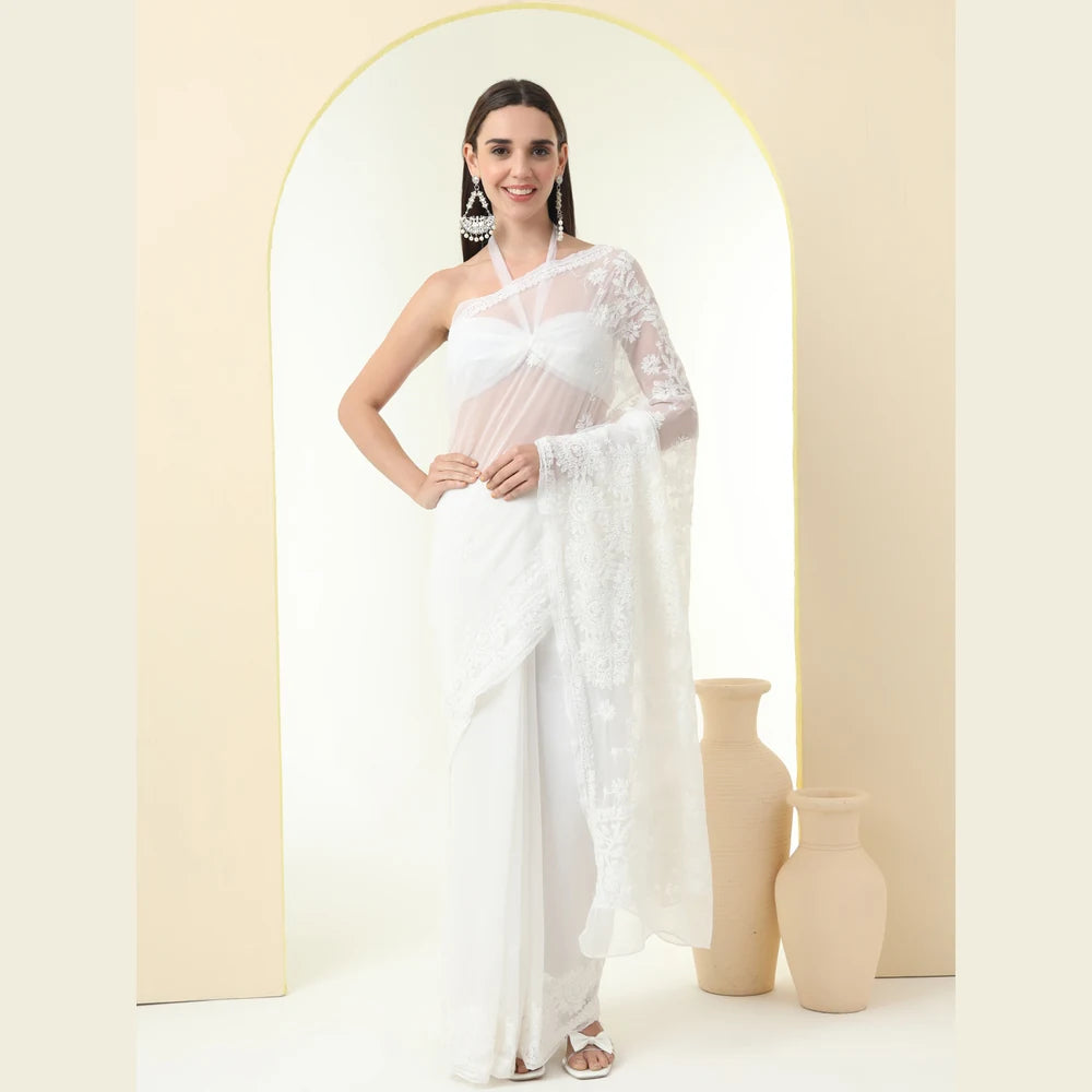 ZHome White Lucknowi Chikankari Hand Made Georgette Saree