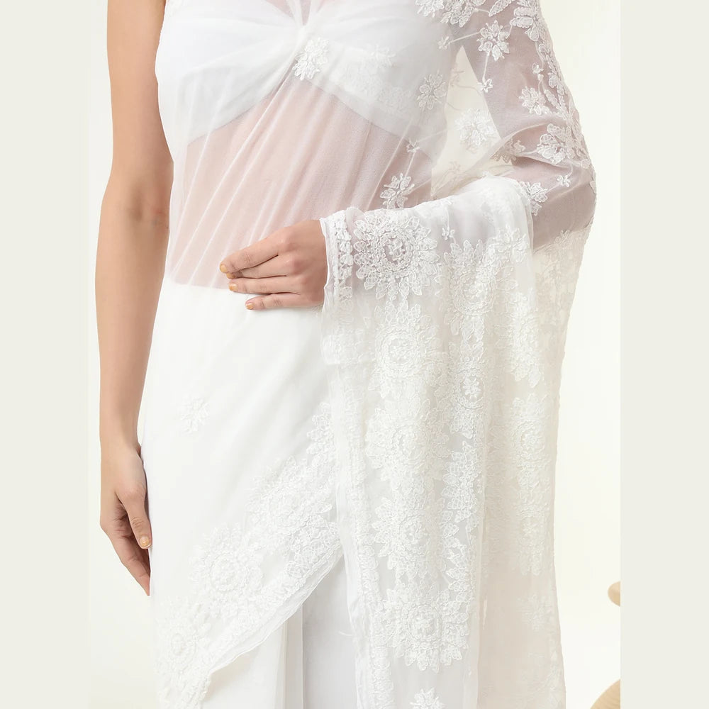 ZHome White Lucknowi Chikankari Hand Made Georgette Saree