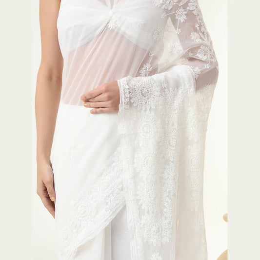 ZHome White Lucknowi Chikankari Hand Made Georgette Saree