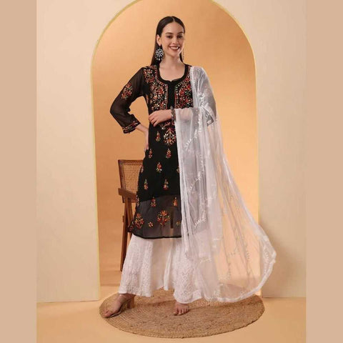 Mirror Work Chikan Kurti Set with Dupatta