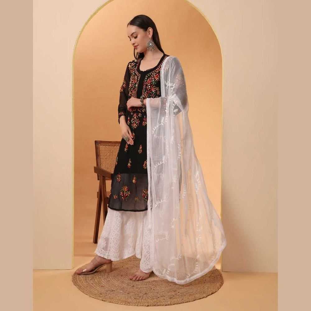Mirror Work Chikan Kurti Set with Dupatta