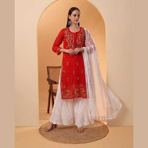Mirror Work Chikan Kurti Set with Dupatta