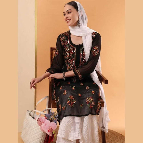 Mirror Work Chikan Kurti Set with Dupatta