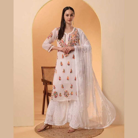 Mirror Work Chikan Kurti Set with Dupatta
