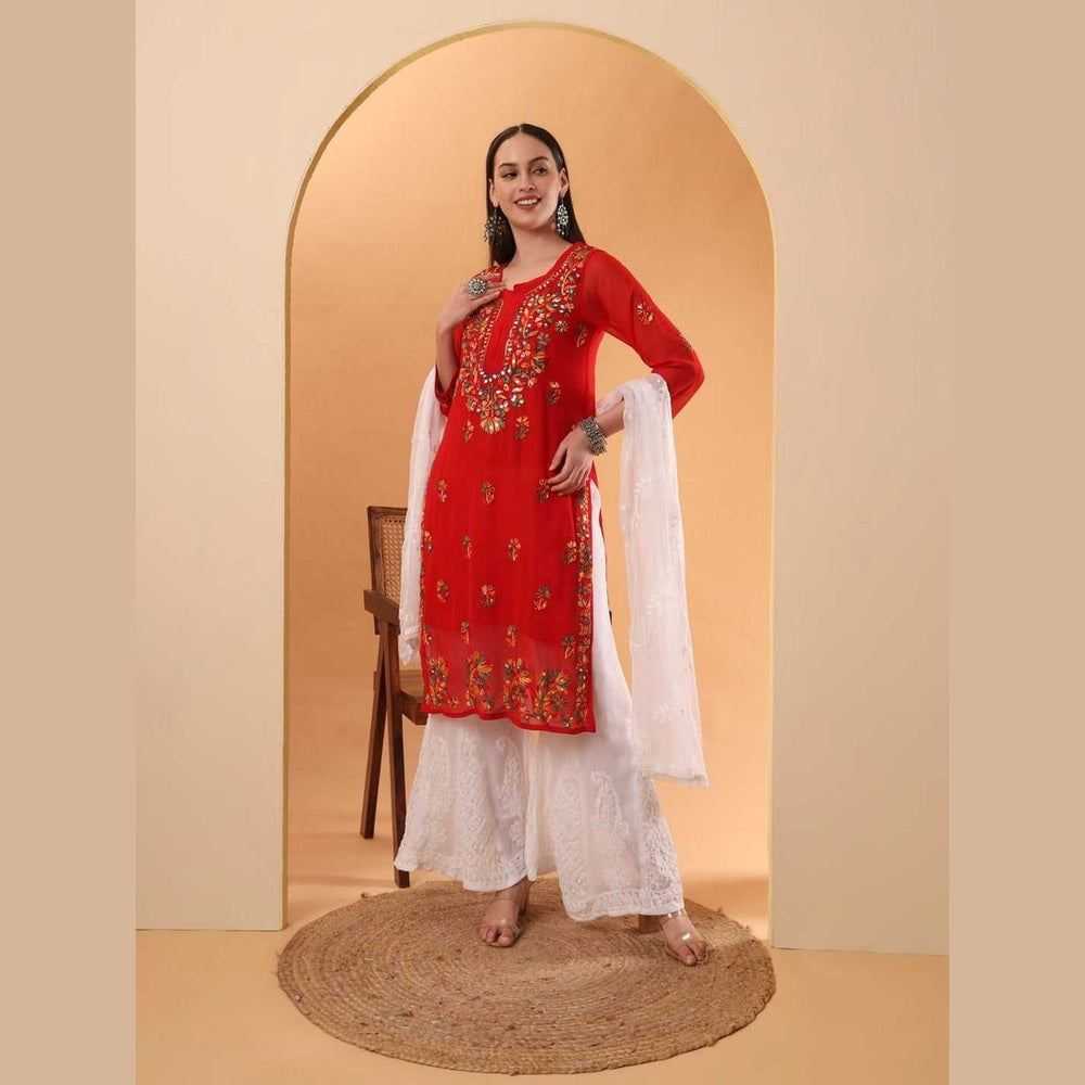 Mirror Work Chikan Kurti Set with Dupatta