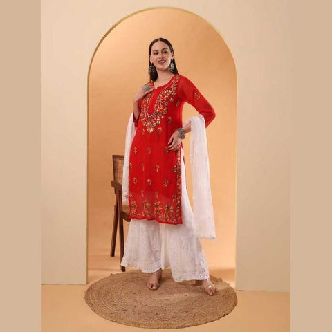 Mirror Work Chikan Kurti Set with Dupatta