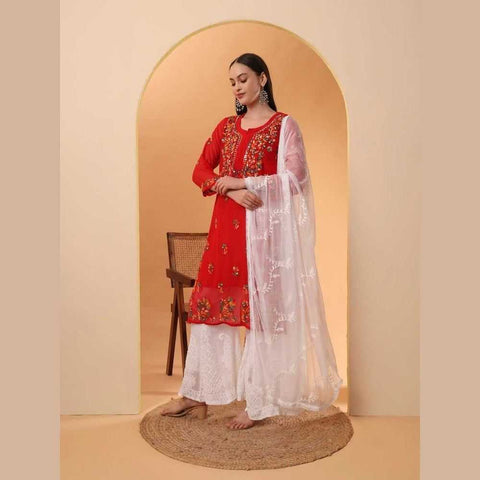 Mirror Work Chikan Kurti Set with Dupatta
