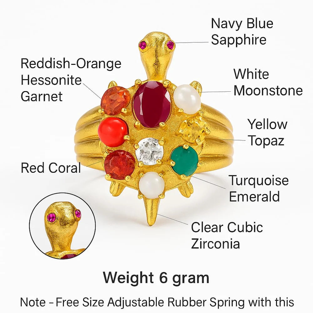 Handmade Navratna Turtle Ring – Gold Plated, Adjustable, 9-Stone Astro Ring