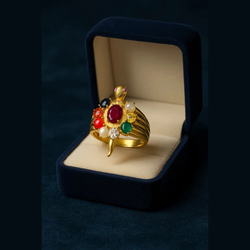 Handmade Navratna Turtle Ring – Gold Plated, Adjustable, 9-Stone Astro Ring