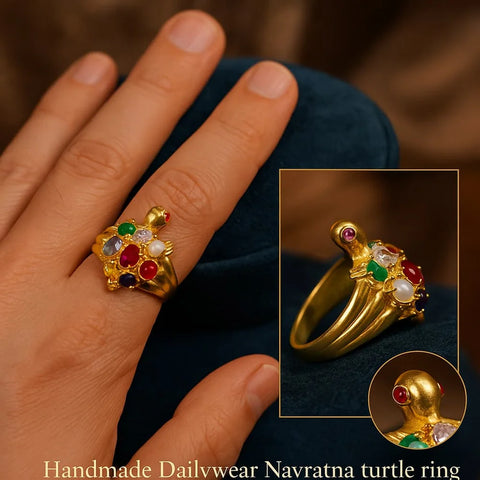 Handmade Navratna Turtle Ring – Gold Plated, Adjustable, 9-Stone Astro Ring