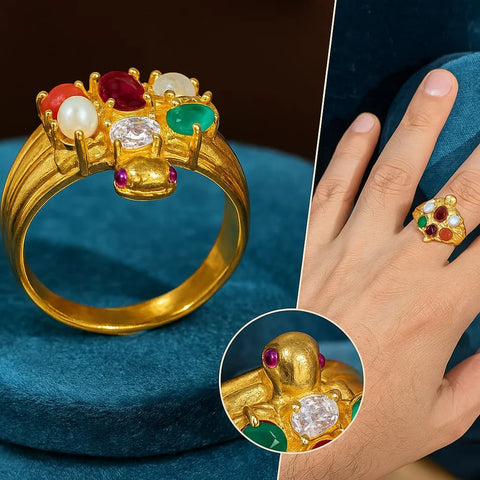 Handmade Navratna Turtle Ring – Gold Plated, Adjustable, 9-Stone Astro Ring