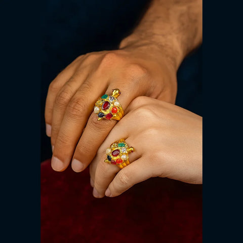 Handmade Navratna Turtle Ring – Gold Plated, Adjustable, 9-Stone Astro Ring