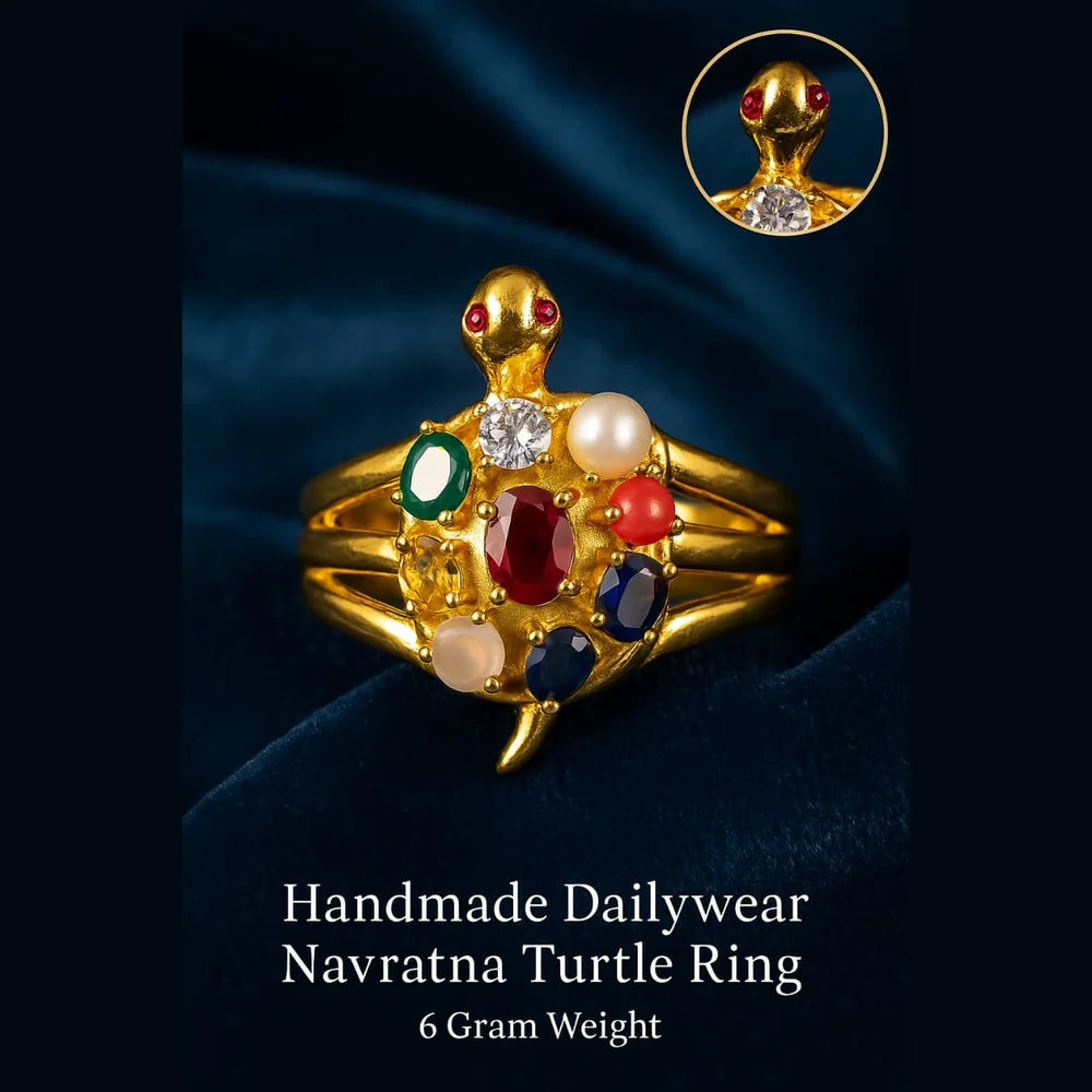 Handmade Navratna Turtle Ring – Gold Plated, Adjustable, 9-Stone Astro Ring