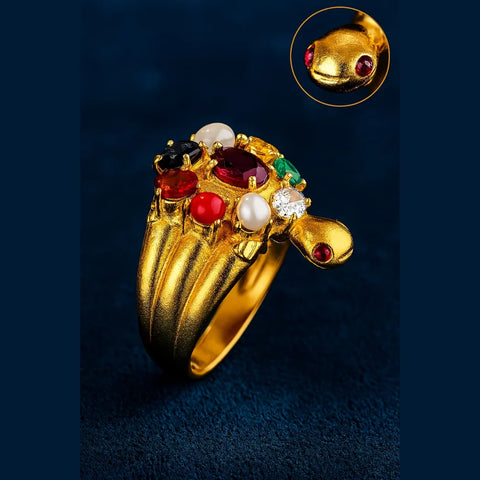 Handmade Navratna Turtle Ring – Gold Plated, Adjustable, 9-Stone Astro Ring