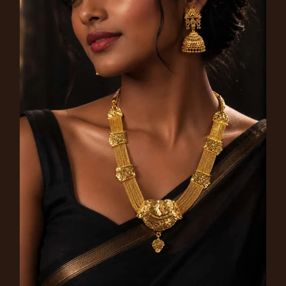 Traditional Gold Finish Multi-Layer Necklace Set with Jhumka Earrings for Women