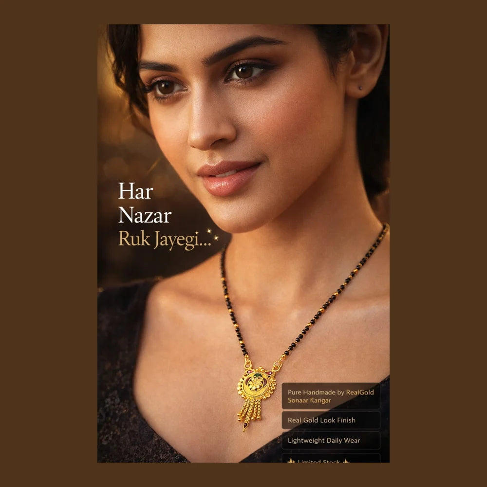 ZHome Premium Mangalsutra – Real Gold Look Handmade Black Beads Necklace for Women