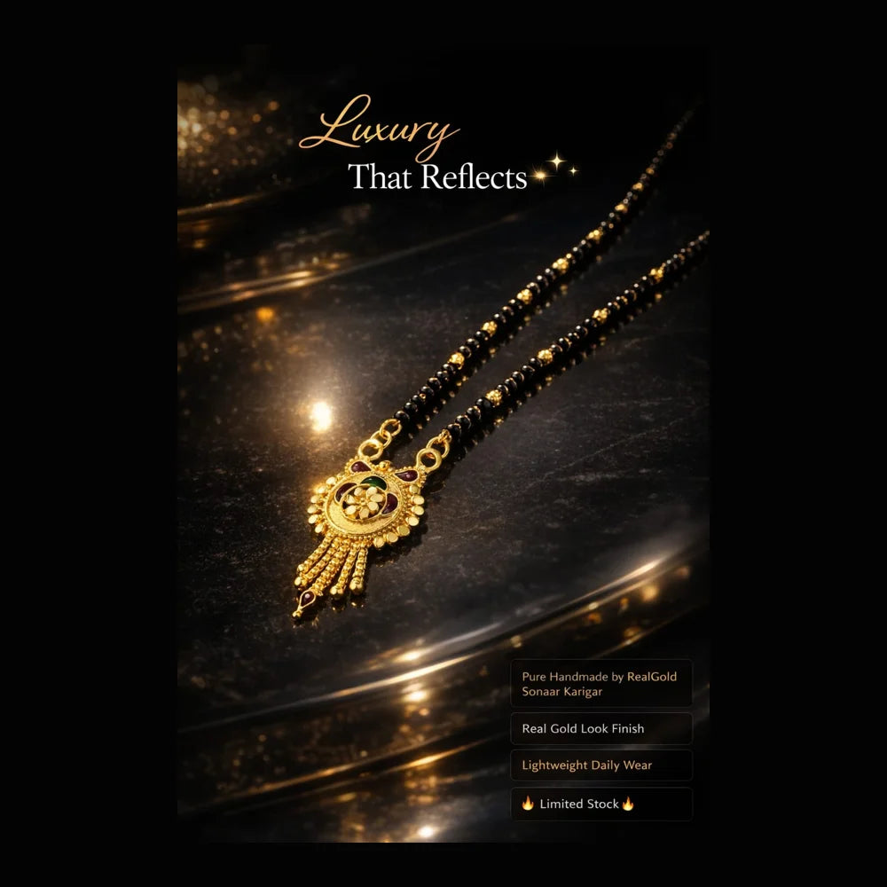 ZHome Premium Mangalsutra – Real Gold Look Handmade Black Beads Necklace for Women