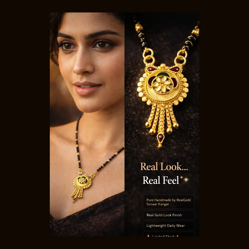 ZHome Premium Mangalsutra – Real Gold Look Handmade Black Beads Necklace for Women