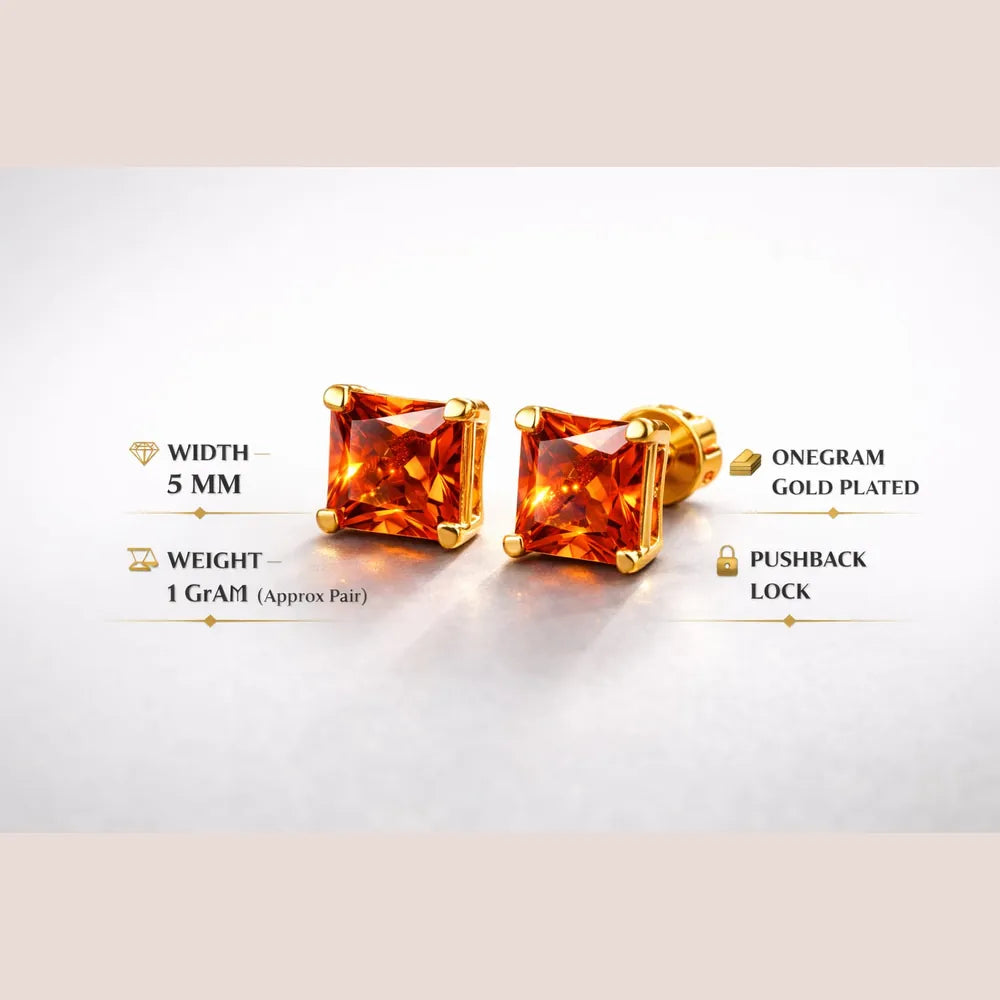 ZHome Orange Crystal Square Stud for Women & Girls | Gold Plated Stylish Daily Wear Earring