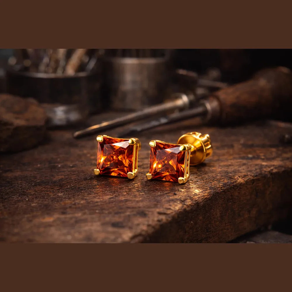 ZHome Orange Crystal Square Stud for Women & Girls | Gold Plated Stylish Daily Wear Earring