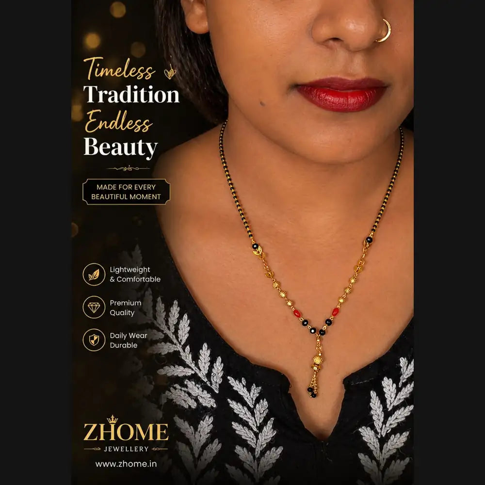 Real Gold Look Short Black Beads Mangalsutra with White AD Pendant – Daily Wear