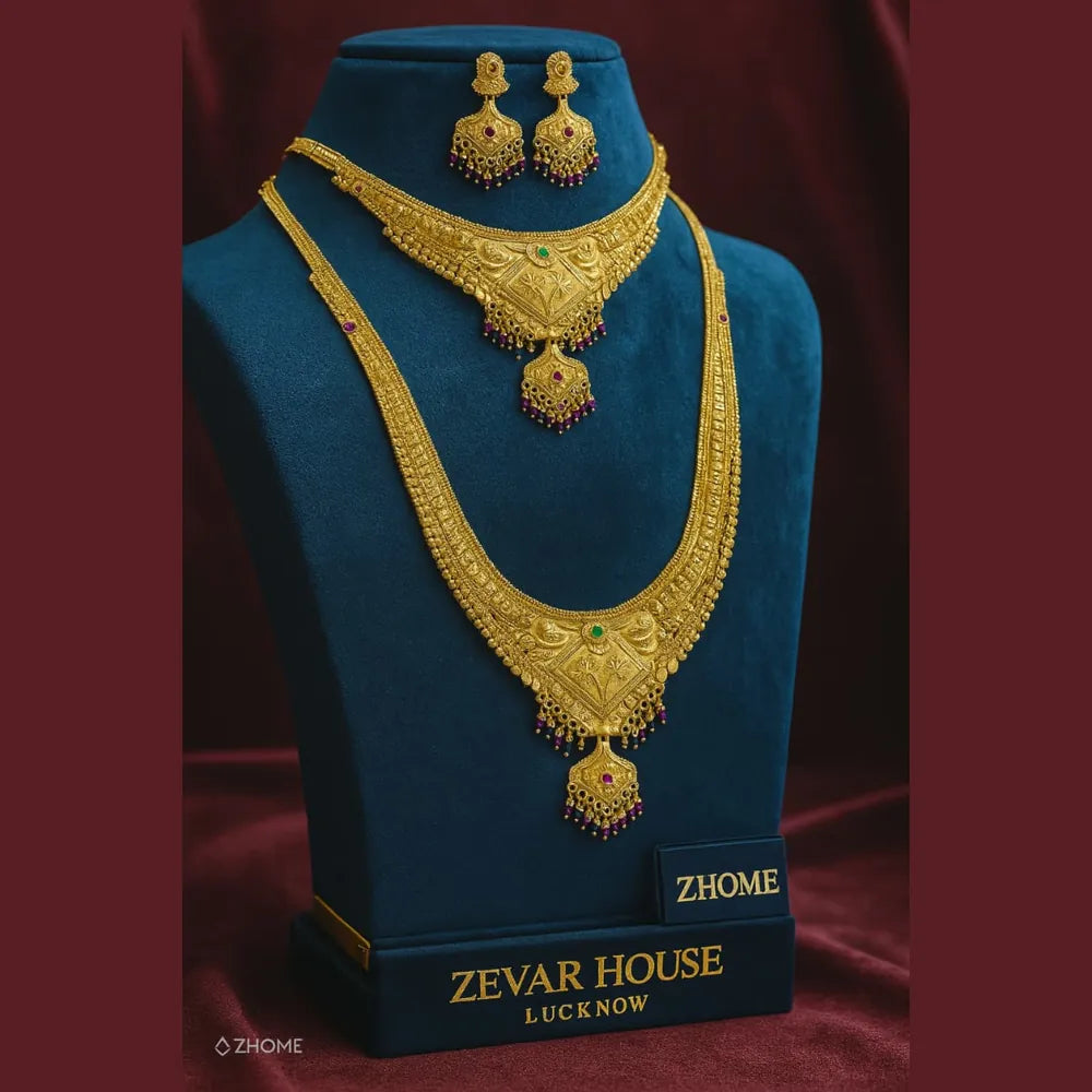 Royal Temple Style Gold-Plated Bridal Necklace Set with Earrings