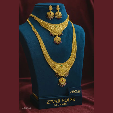 Royal Temple Style Gold-Plated Bridal Necklace Set with Earrings