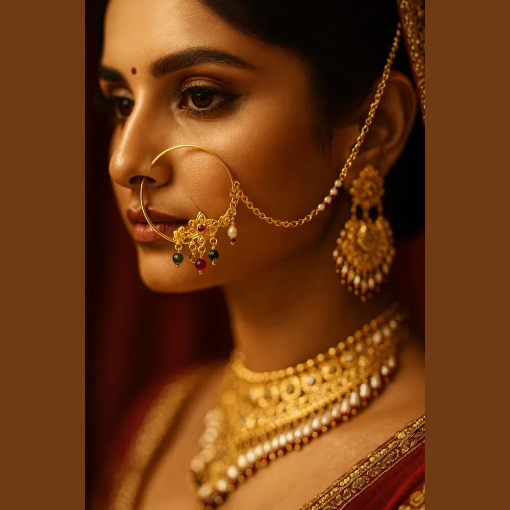 Exclusive One Gram Gold Plated Nathiya Nose Ring with Chain for Brides