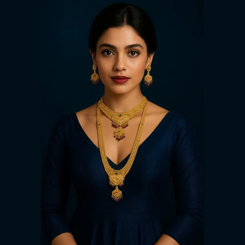 Royal Temple Style Gold-Plated Bridal Necklace Set with Earrings