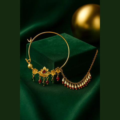 Exclusive One Gram Gold Plated Nathiya Nose Ring with Chain for Brides