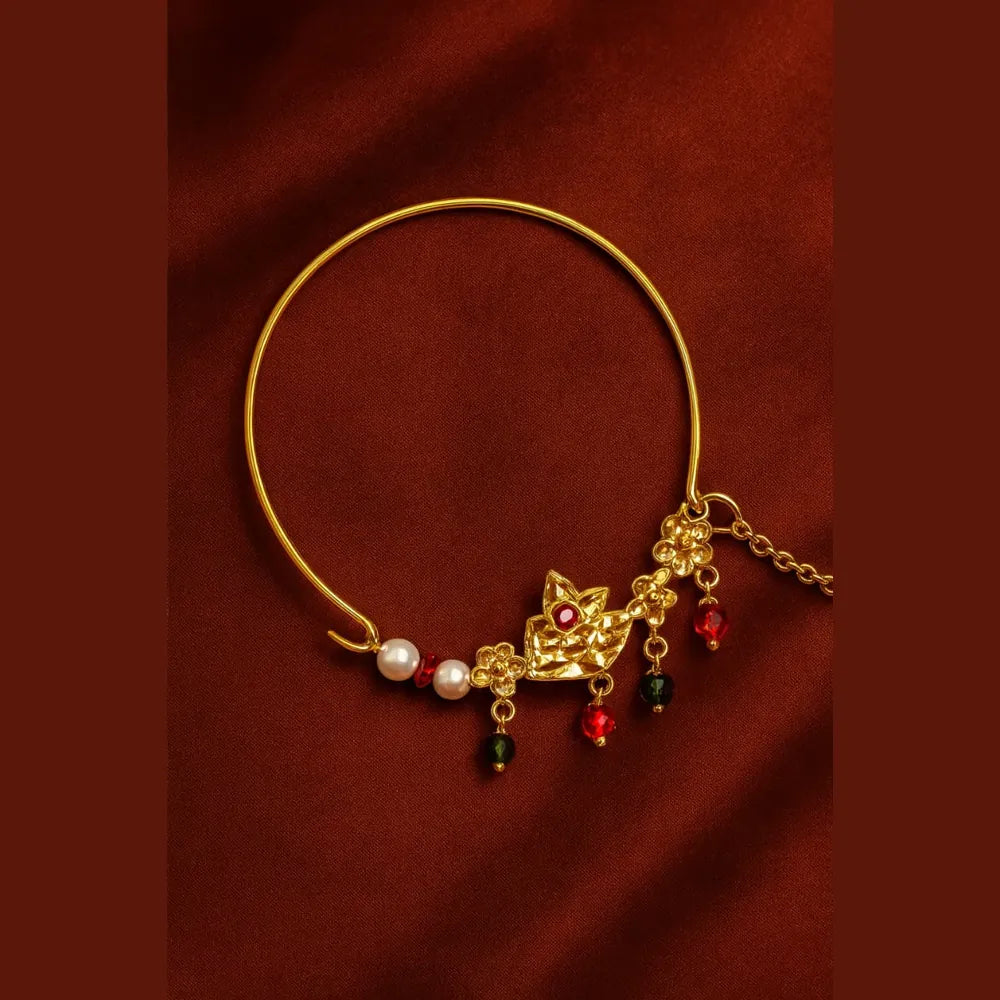 Exclusive One Gram Gold Plated Nathiya Nose Ring with Chain for Brides