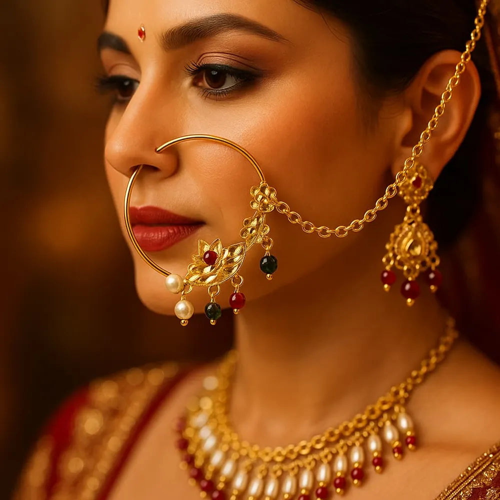 Exclusive One Gram Gold Plated Nathiya Nose Ring with Chain for Brides