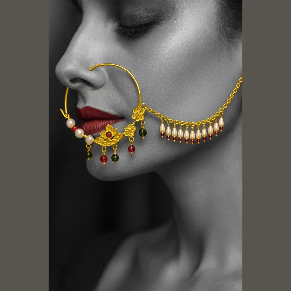 Exclusive One Gram Gold Plated Nathiya Nose Ring with Chain for Brides