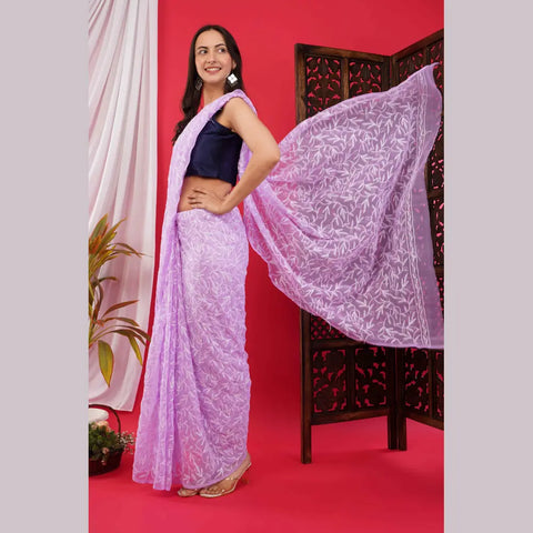Exquisite Lucknawi Handcrafted Chikan Work Saree: Timeless Elegance in Every Detail