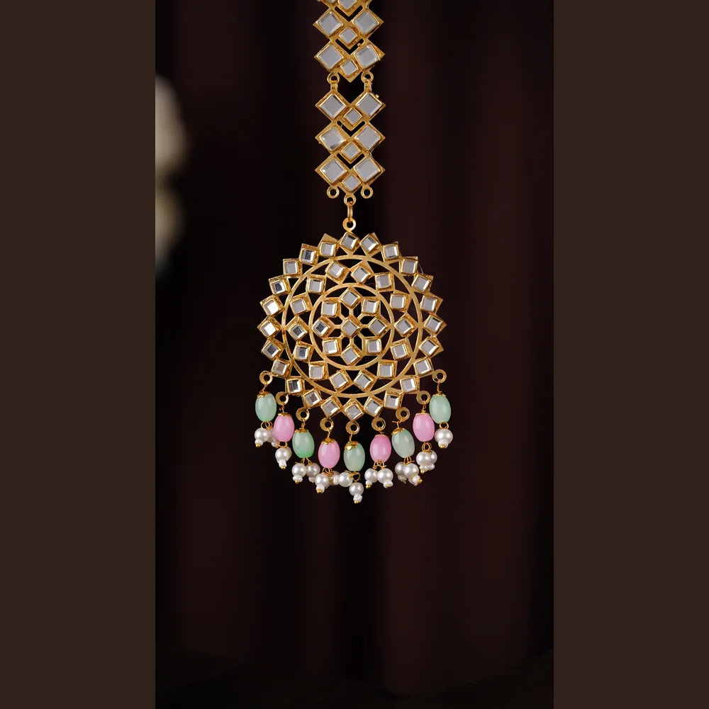 Product image of Royal Kundan Pearl Pastel Beads Bridal Jewellery Set Maang Tikka Earrings Choker Long Haar – image 6