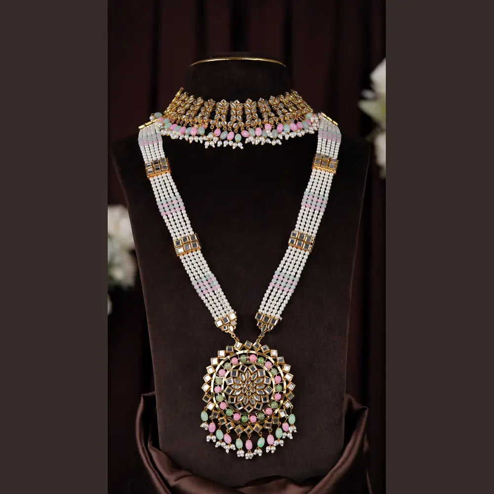 Product image of Royal Kundan Pearl Pastel Beads Bridal Jewellery Set Maang Tikka Earrings Choker Long Haar – image 7