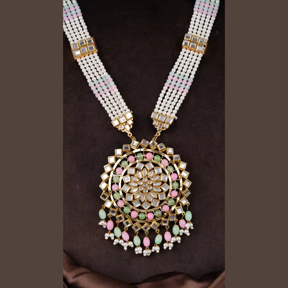 Product image of Royal Kundan Pearl Pastel Beads Bridal Jewellery Set Maang Tikka Earrings Choker Long Haar – image 3